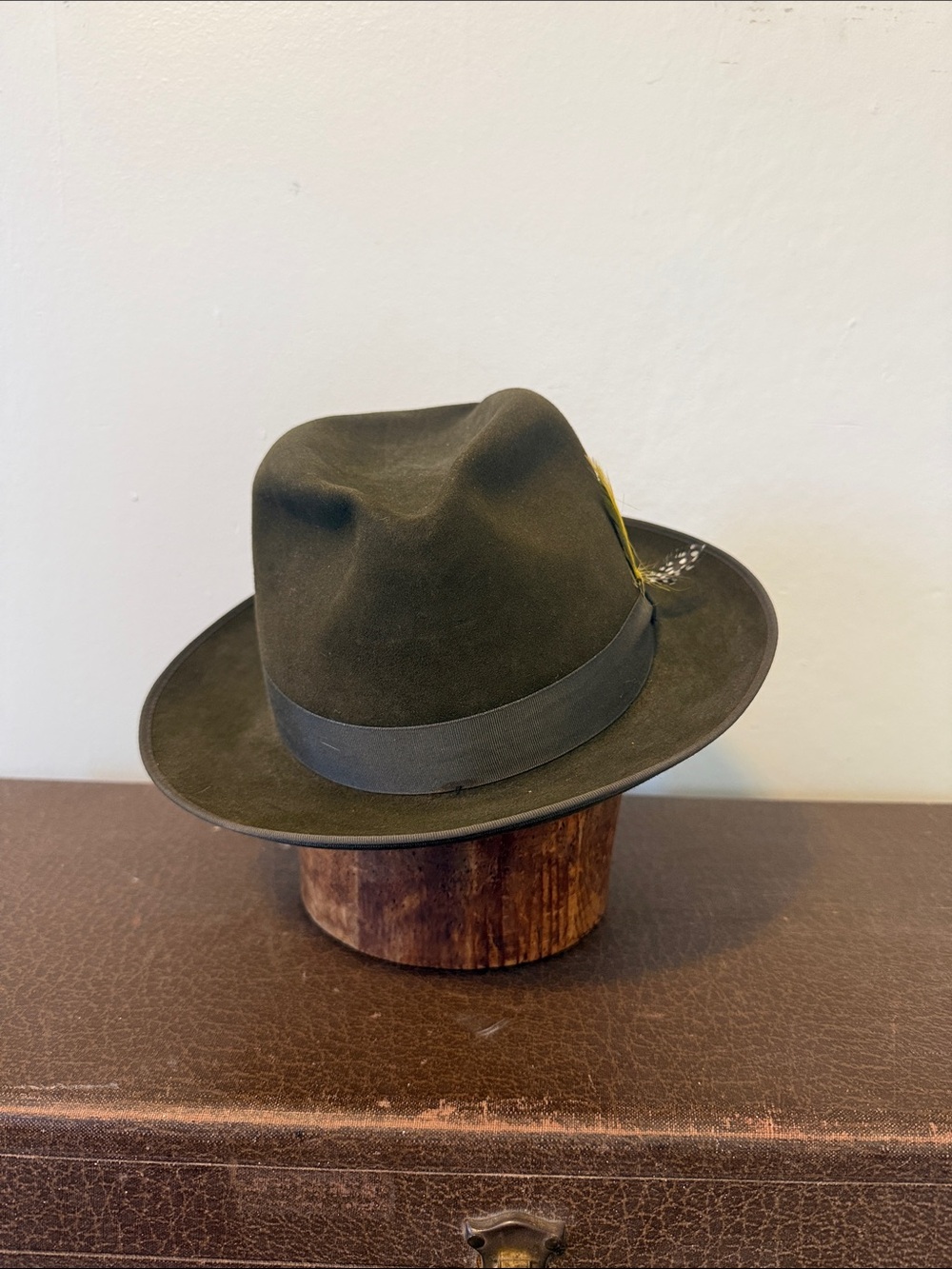 Classic Olive Wool Fedora with Feather Trim
